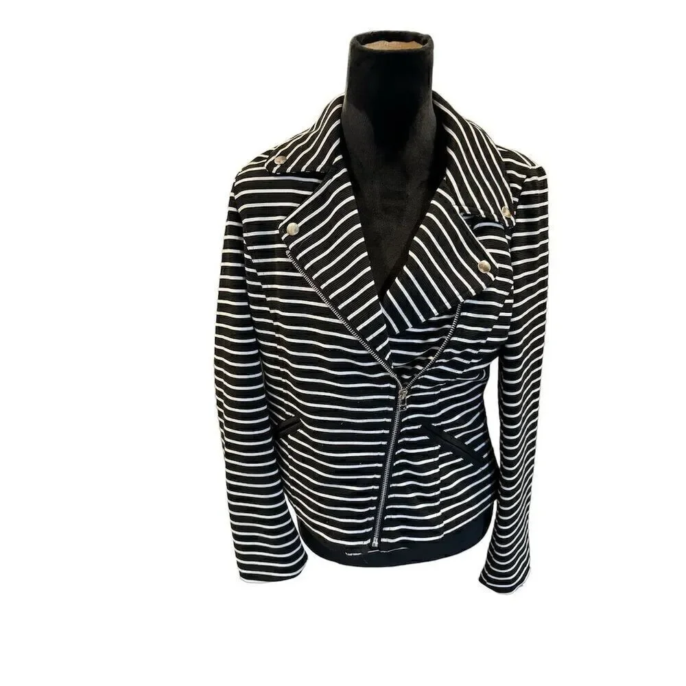 Bagatelle Black/White Striped Moto Jacket Stretch Lined Zip Front Women’s Large